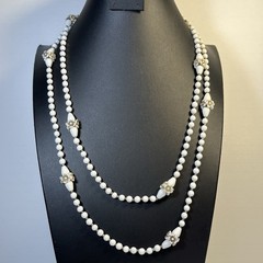 White Silver Glass Bead Necklace Made In Germany Floral Design Rope 56”