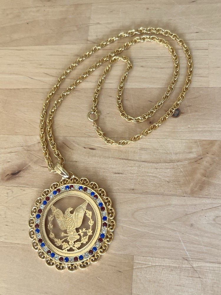 Vintage Patriotic AMERICAN EAGLE Red White Blue Rhinestone BICENTENNIAL NECKLACE