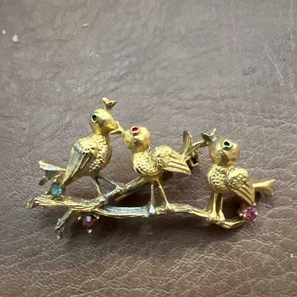 Vintage Gerry’s 3 Birds on Branch Rhinestone Brooch Pin Gold Tone