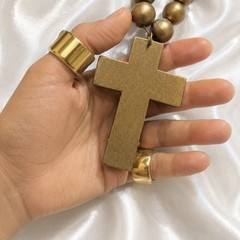 Vintage Original Shattered Fine Art Glass Cross Gold Wood Prayer Beads Necklace