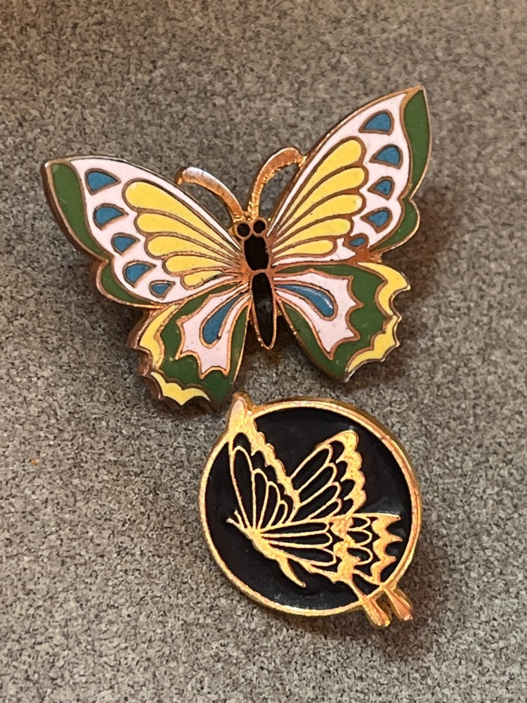 Lot of Yellow White Green & Blue Enamel Goldtone & Black Flying Butterfly in