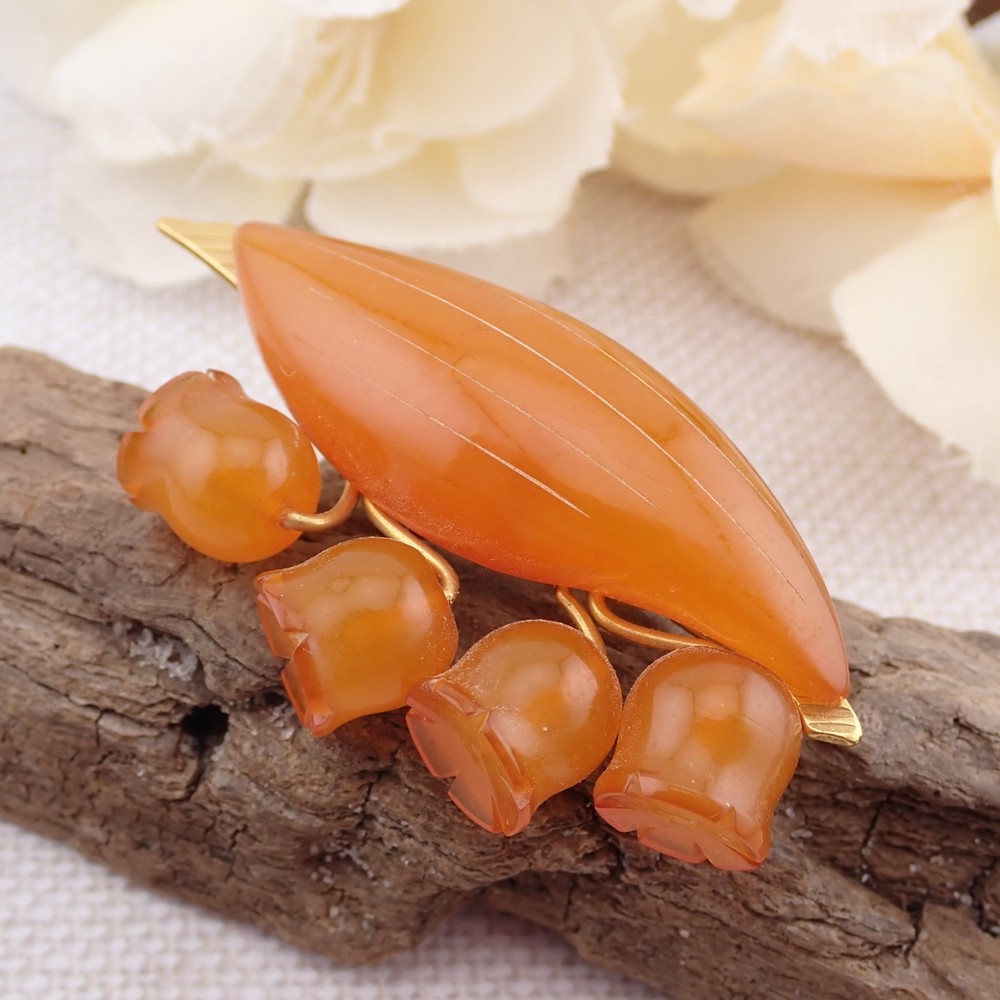 Vtg Russian Carved Amber Lily Of The Valley Pin Brooch Signed 3RK Weighs 7.7 gr