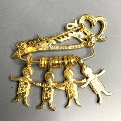 Grandma Charm Holder Pin Brooch 4 Boy Charms K.I.S. Gold Tone 80s