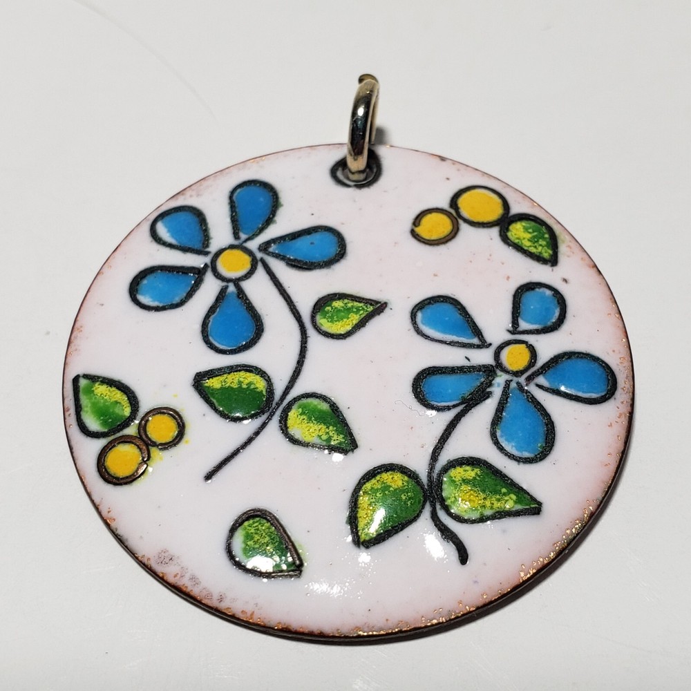 Vintage Enamel On Copper Pendant Floral Colorful 1.25″ Double Sided