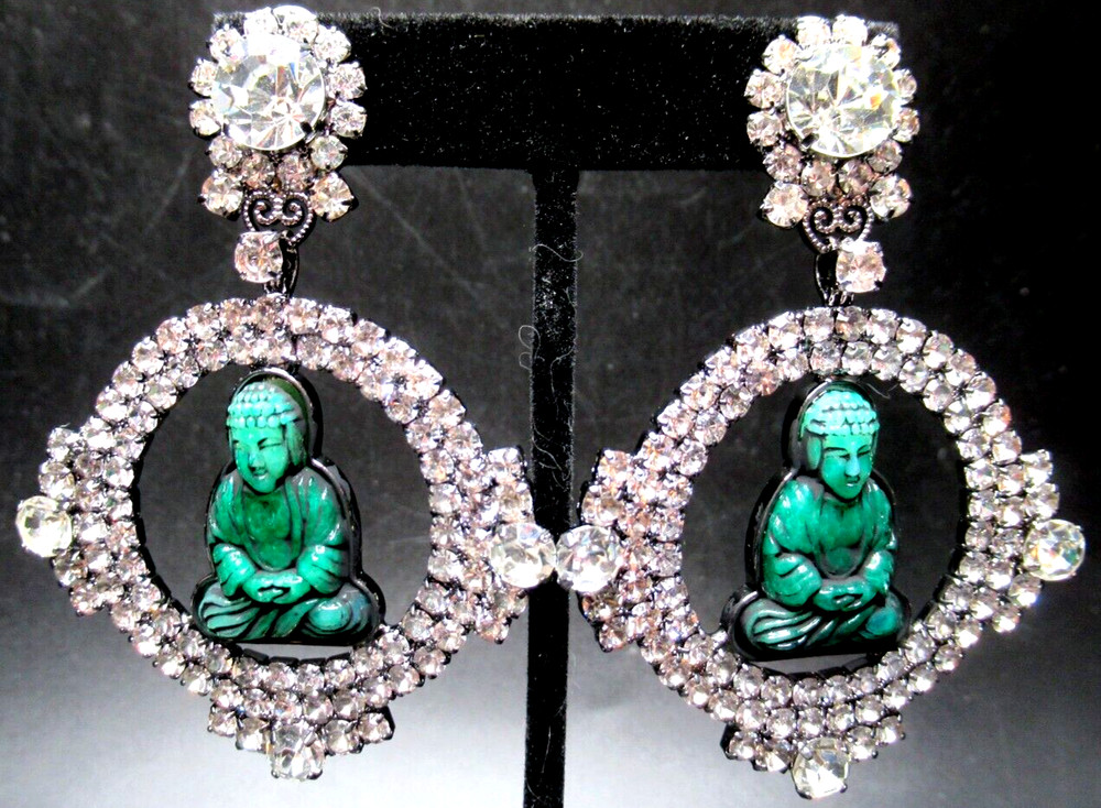 MOANS COUTURE Sparkling Ice Rhinestone Green Faux Jade Buddha Hoop Clip Earrings