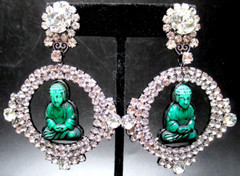 MOANS COUTURE Sparkling Ice Rhinestone Green Faux Jade Buddha Hoop Clip Earrings