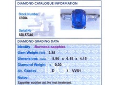 Art Deco 2.38Ct Burmese Sapphire and 0.30Ct Diamond Platinum Ring Circa 1930