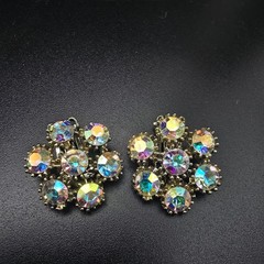 Pakula Aurora Borealis Rhinestone Clip On Earrings Flower Shape Vintage Jewelry