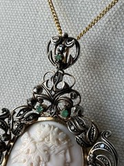 Victorian Portuguese 19k Gold Sterling Silver Emerald Coral Cameo Bacchante Broo