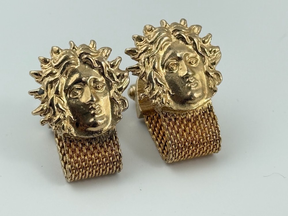 Vtg Gold Mesh Cufflinks Medusa Head Style Mythical Face Statement Gold Tone