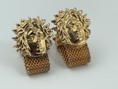 Vtg Gold Mesh Cufflinks Medusa Head Style Mythical Face Statement Gold Tone