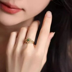 Art Deco Style Round Emerald Lab Created Diamond Engagement 14K Gold Finish Ring