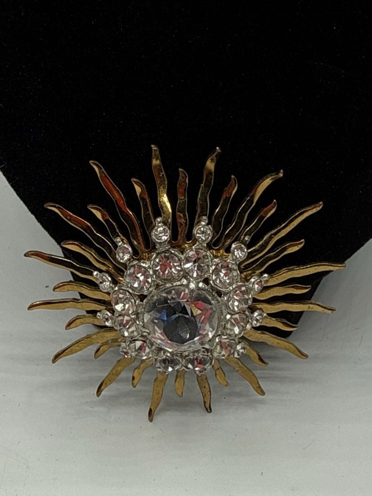 Vintage Rhinestone Sunburst Pendant Gold tone 1950s 1960s