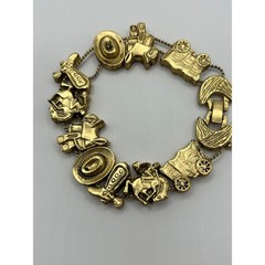 Vintage 1995 BG Western Slide Charm Bracelet Gold Tone Cowboy Boot Hat Wagon