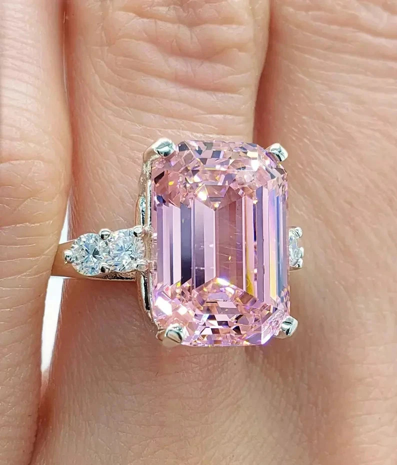 8.4 Ct Emerald Cut Pink Sapphire Diamond Engagement Ring 14K White Gold Plated