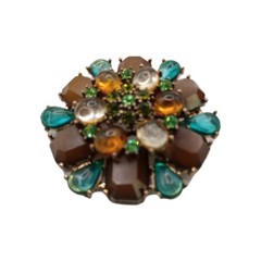 Vintage Art Deco Style Brooch Tea Brown Floral Rhinestone Acrylic Pin 2 1/4 in