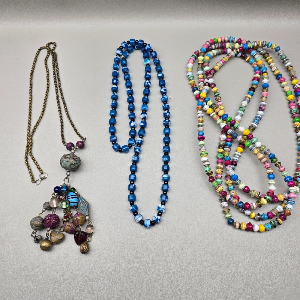 Boho Beaded Necklace Lot Paper Bead Blue Glass Charm Dangle Long Layered 3pc