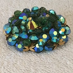 Vintage Brooch AB Crystal / Glass Beads Faceted Heavy Blues & Greens Sparkly