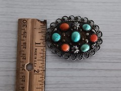 Antique Chinese Brass Turquoise & Coral Oval Brooch