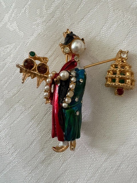 ART Arthur Pepper Asian Figural Brooch • Bird Cage • Enamel • Pearl Face