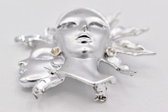 Vintage Sun Moon Mask Abstract Brooch Pin Silver Tone Art Chunky 1980s BinBK