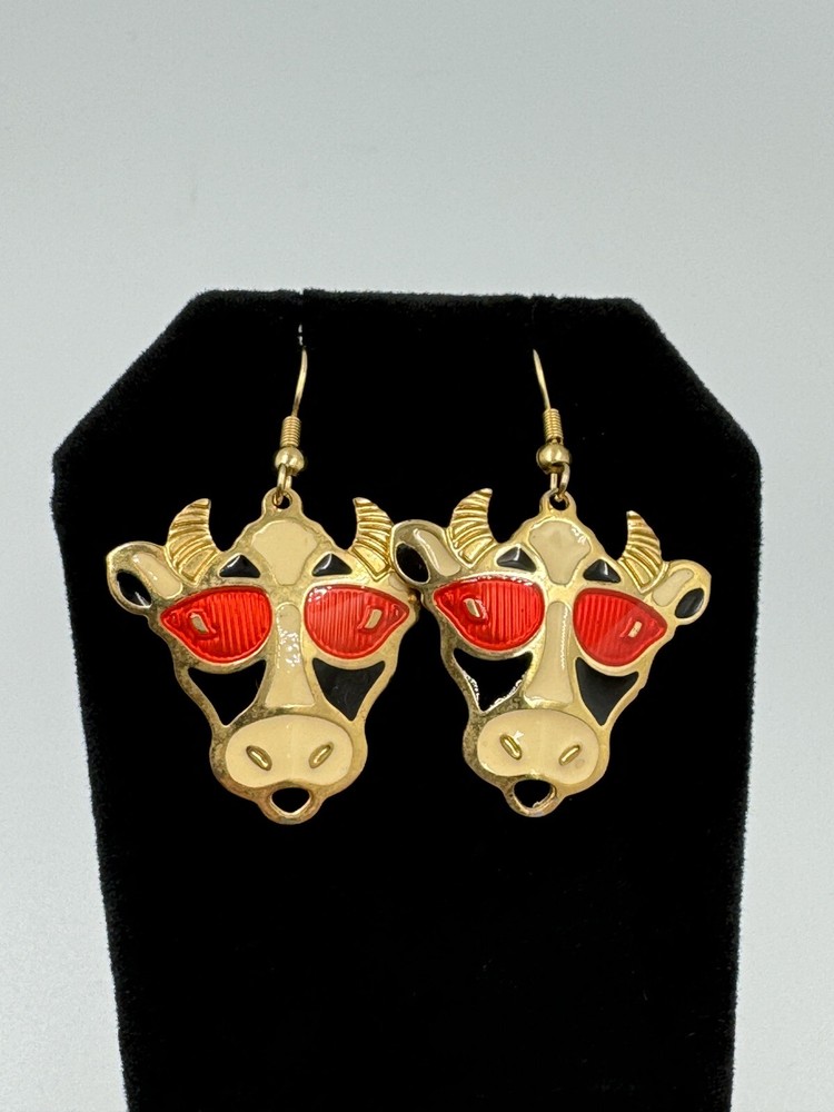 Vintage Edgar Berebi Gold Tone Enamel Cow Sunglasses Dangle Pierced Earrings