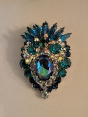 DeLizza Elster Juliana Blue Green Rhinestone Brooch Earrings Verified Authentic