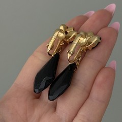 Vintage Jet Black Glass Earrings Gold Tone Clip On Dangles