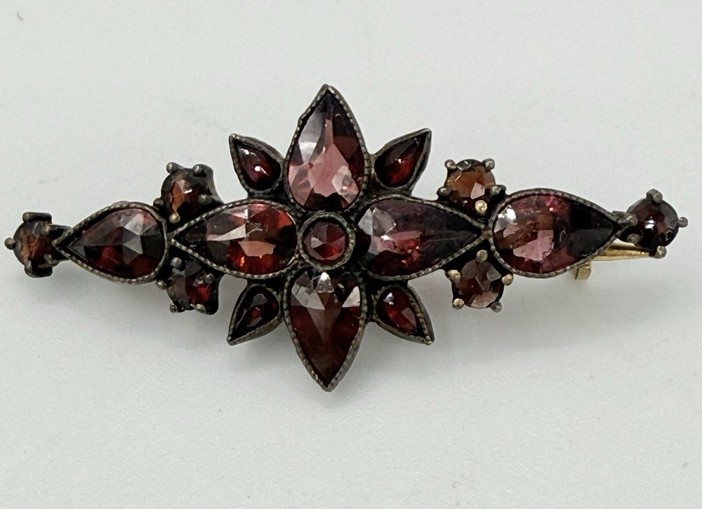 Antique Bohemian Garnet Flower Pin Brooch Victorian Rose Cut