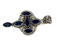 Vintage Style 925 Silver Pendant Blue Marquise Stones Ornate Filigree Design 2″