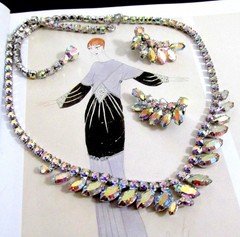 VTG EXQUISITE B DAVID AB RHINESTONE NECKLACE CLIP EARRINGS Prong Set 60s EXC