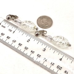 Vtg Mod SilverTone Art Deco Glass Earrings Clip On Dangle Drop White Groovy S