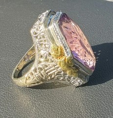 Antique Art Deco Large Hexagon Amethyst Cocktail Ring 14k White Gold Yellow