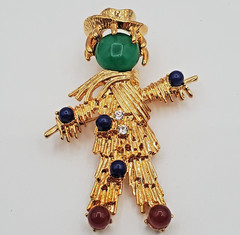 JBK Brooch 2.5in Gold Tone Glass Cabochons Scarecrow Camrose  Kross MCM Repro