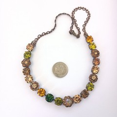 Vintage Crystal Necklace Autumn Brown Green Brass Statement Romantic Statement