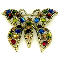 Vintage Weiss Butterfly Brooch Red Green Blue Gold Tone Signed 2.5 Inches