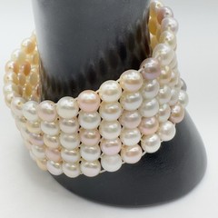 Freshwater Cultured Pearl Bracelet 5 Strand Pink White Lavender Stretch Woven
