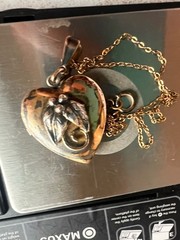 Antique Heart Shaped Photo Locket Gold Over Sterling 19” Chain Read C3