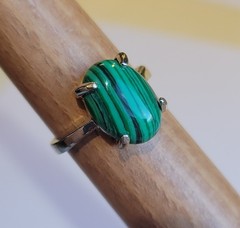 Silver Plated Ring With Prong Set Faux Green Malachite Cabochon Size 8 Vintage