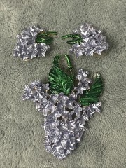 Vintage Brooch Earrings Set Pierced Purple Green Leaf Flowers Open Work.