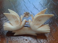 Antique Victorian Love Token Pin Brooch Carved Bovine Bone Pair Doves & Flower