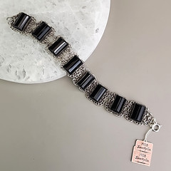 Vintage 1928 Brand Panel Bracelet Black Glass Silver Tone Filigree 7″