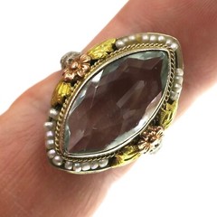14k Solid White Gold Yellow & Rose Accented Aquamarine Pearl Filigree Ring Sz 5