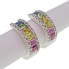 Fabulous 14k Solid White Gold Natural Rainbow Sapphire Diamond Hoop Earrings