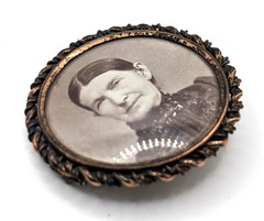 Antique VTG Mourning Brooch Colorized Photo Older Woman Portrait C Clasp Pin
