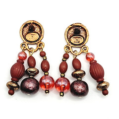 Burgundy Cranberry Copper Colored Multi Shape & Strand Bead Pierced Vtg Earrings