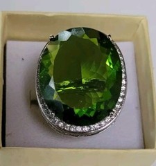 Lab Created Oval Peridot Colour Sterling Silver Cubic Zirconia Halo Ring Sz 8
