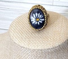 Vintage Blue Glass Ring Floral Dome Gold Tone Metal Band Adjustable Etched