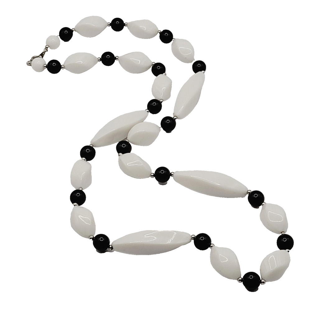 Modern Art Deco Black & White Round and Geometric Spiral Bead Vintage Necklace