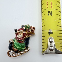 Christopher Radko Signed Enamel Christmas Santa Sleigh Rhinestones Brooch